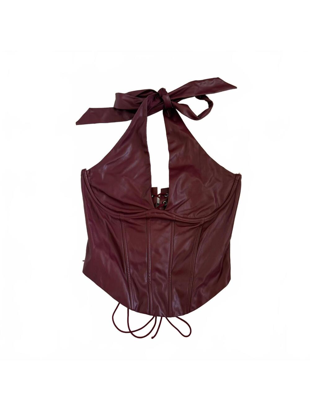 Windsor Undeniable Flair Halter Corset Top Burgundy Faux Leather Witchy Fall